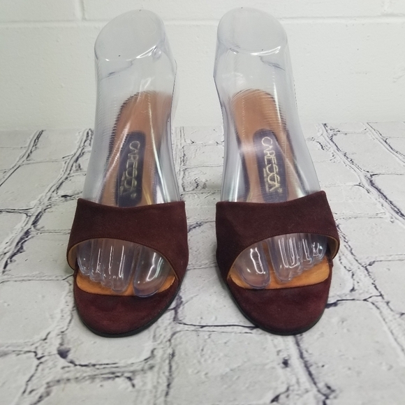 Vtg 70s wine suede gold slides disco heels - Picture 12 of 13